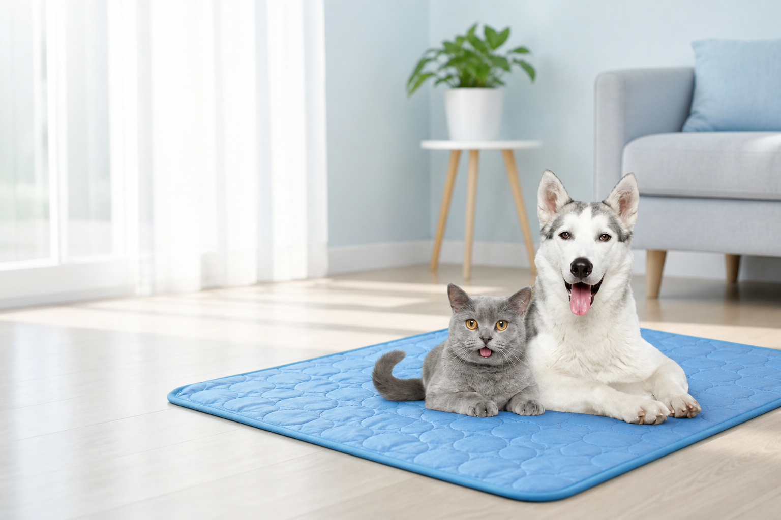 Chien et chat sur tapis rafraîchissant BRUME